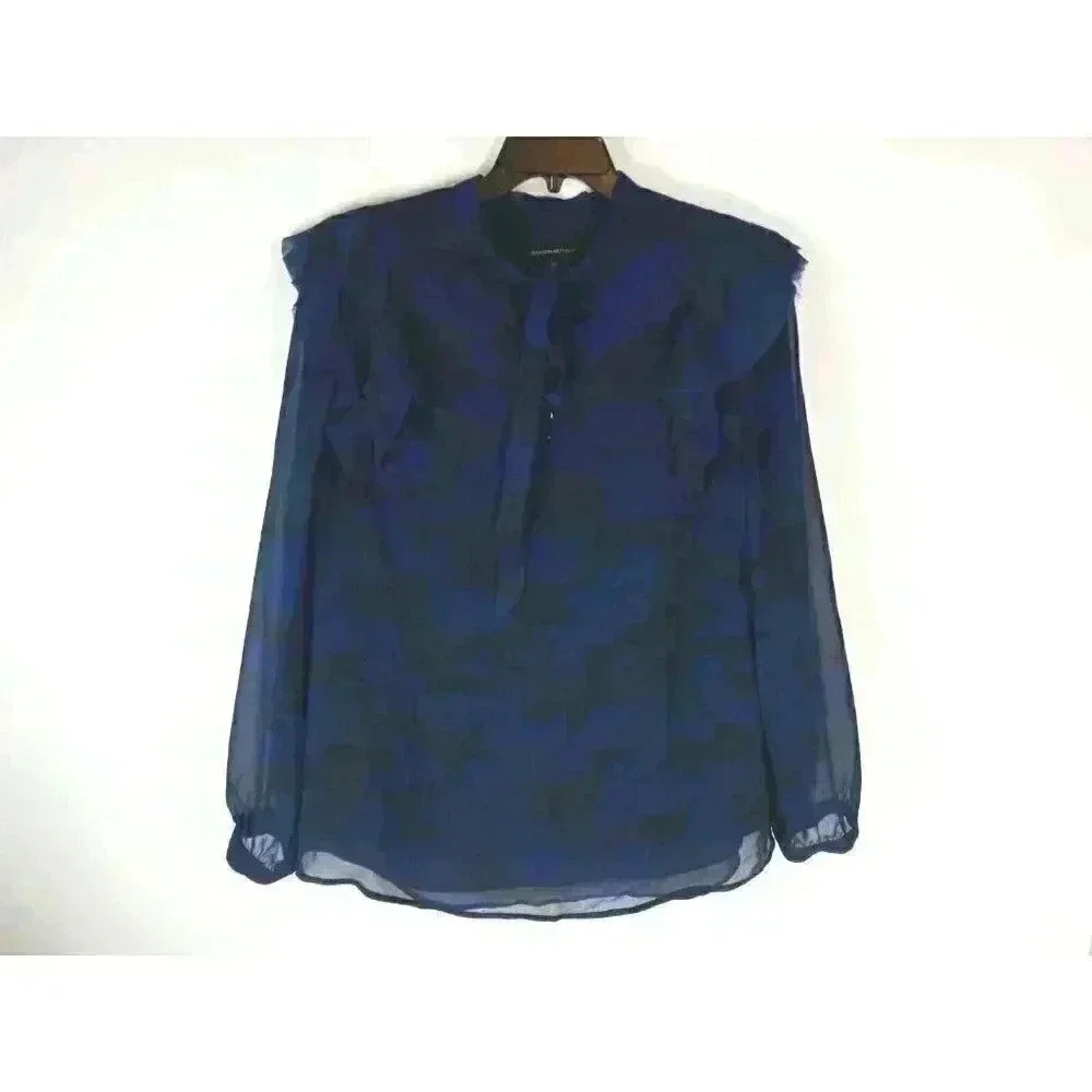 Banana Republic Long Sleeve Blue Camo Shoulder Tie Neck Ruffle Top Size XL